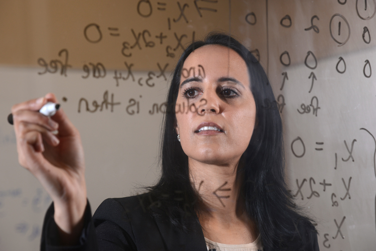 Dr. Parmy Cobb, mathematics instructor writing on a glass pane