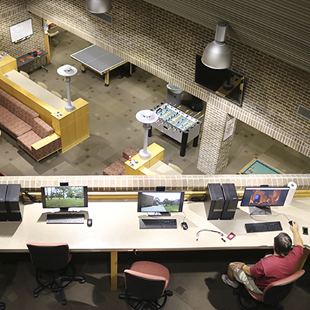 Overhead view of Barron Building Commons from the 3rd floor.